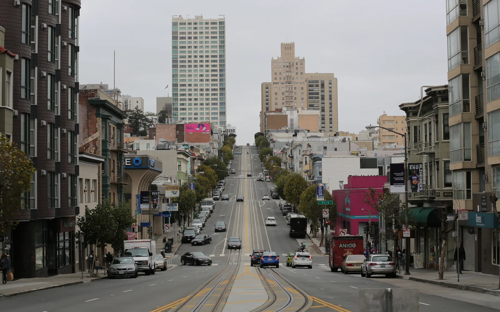 California Street in San Francisco showing urban street with mixed architecture and storefronts
